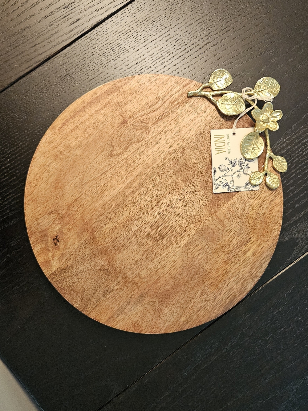 Round Mango Wood Serving Lazy Susan Board with Gold Leaf Accent